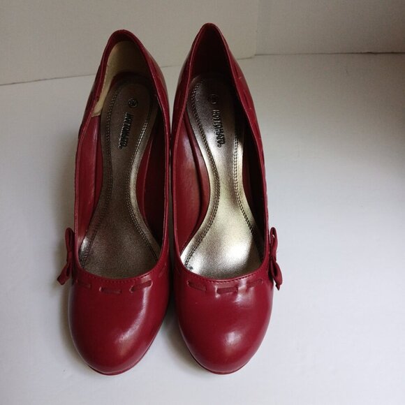 Hot Tomato Red Pleather Round Toe Grosgrain Weave & Bow Detail Pinup Pumps Sz 8 - Picture 6 of 10